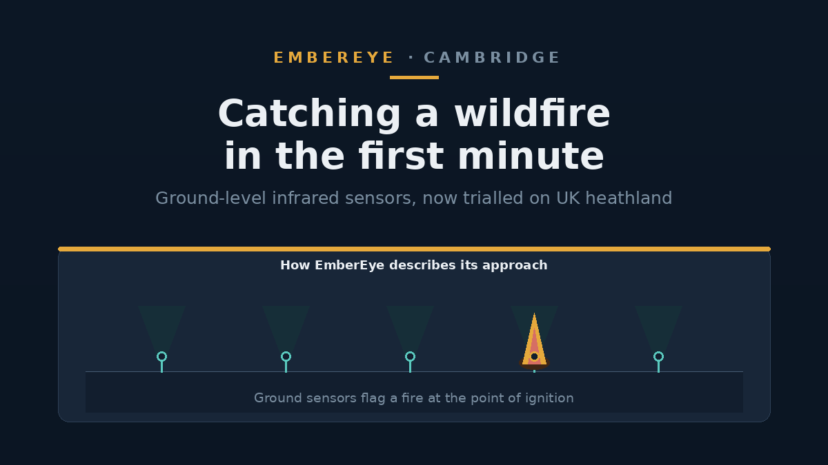 Navy editorial hero reading ‘EmberEye · Cambridge — Catching a wildfire in the first minute’ over a row of ground-level infrared sensor nodes, one detecting a fire at the point of ignition